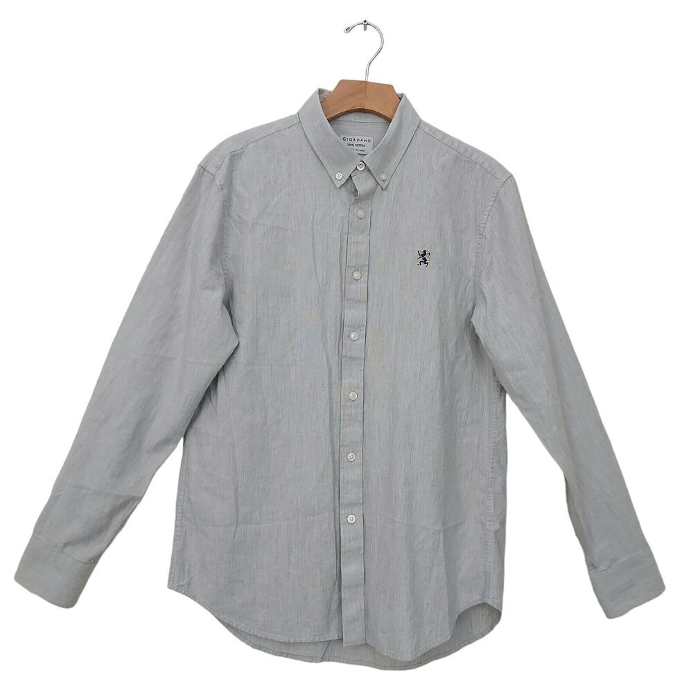 Giordano Cotton Shirt Men’s Medium Gray Casual Office Slim Fit Modern Casual